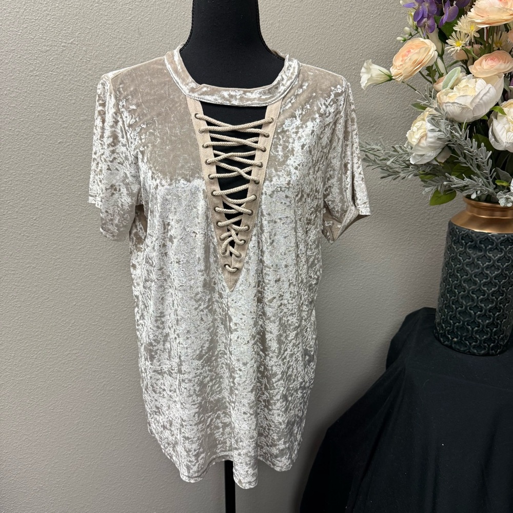 Entro Champagne Velvet Lace-Up Front Top Short Sleeve Glam Boho Size Large